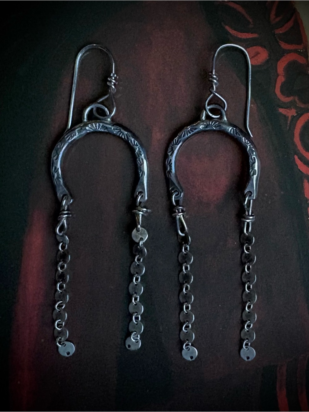 Sterling Silver Textured Horseshoe Chain Fringe Earrings Artisan Handmade 925